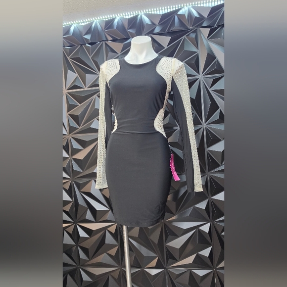 Symphony Black Bodycon Long Sleeve Dress with Silver Embellished Panels - Picture 2 of 2